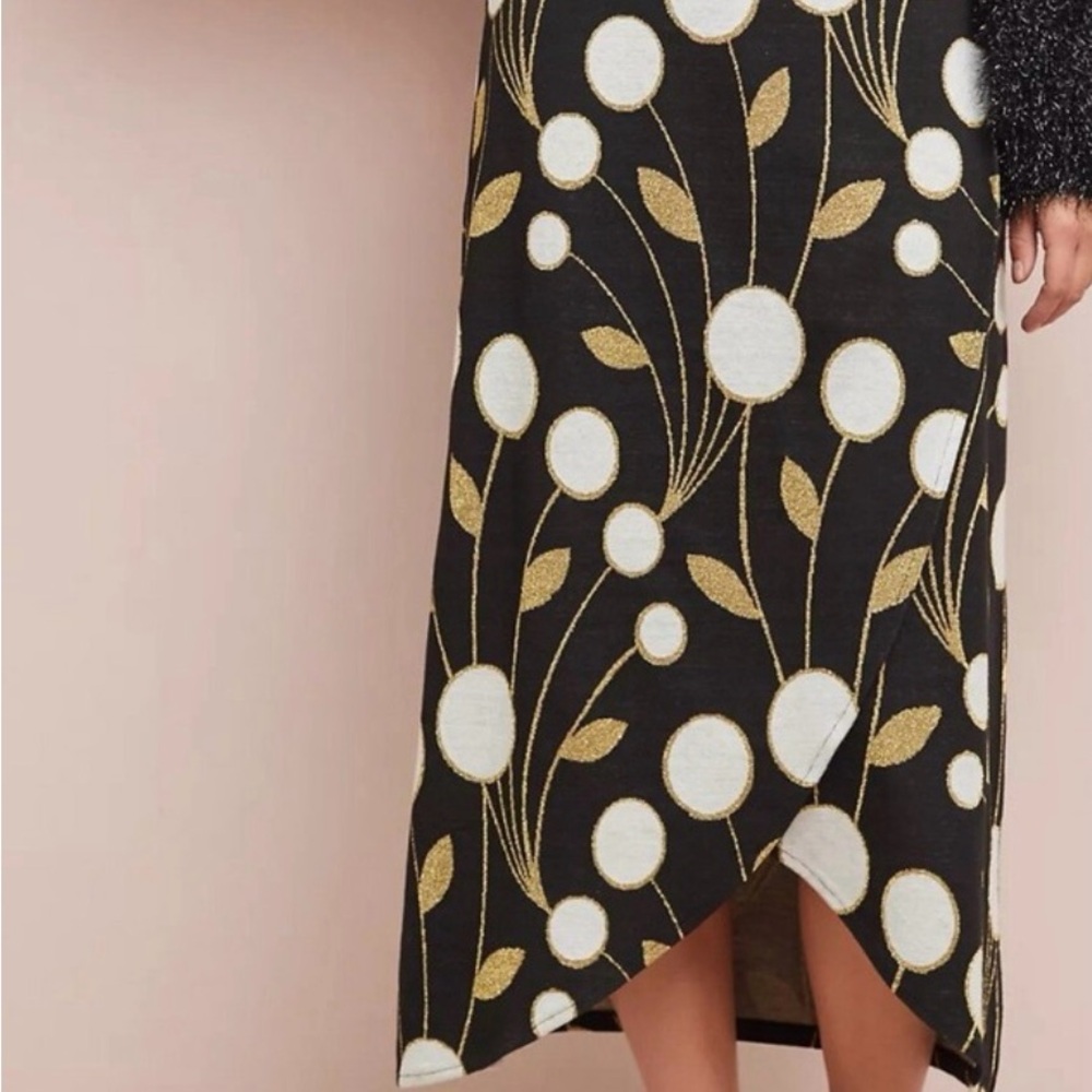 Maeve by Anthropologie Gold Metallic Dot Floral Jacquard Midi Skirt Black White